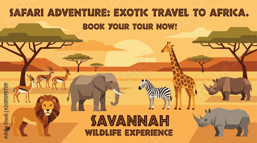 Safari Tour Advertising Banner Design Promotion Template Featuring Exotic African Adventure Travel Elements with Wild Animals and Wilderness Landscape for Holiday Tourism Marketing Agency