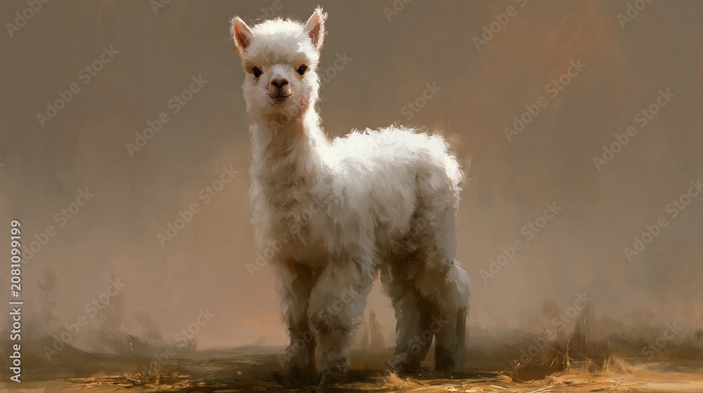 Fototapeta premium Cute white alpaca stands in daylight against a hazy brown setting.