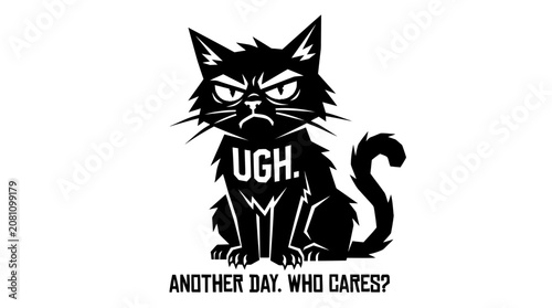Quadro su tela Grumpy Black Cat with Ugh Face and Text: Another Day, Who Cares?