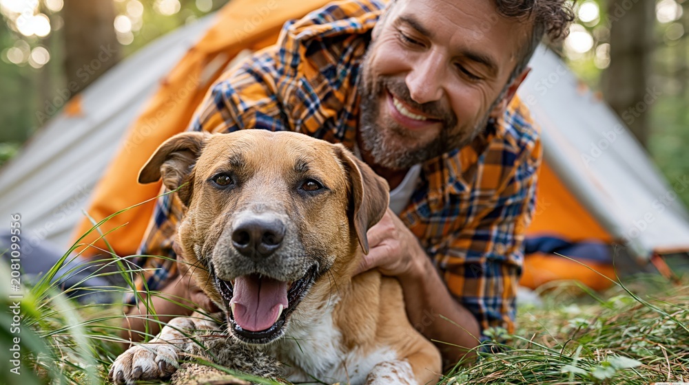 Fototapeta premium Smiling man with adorable dog enjoying camping trip in lush forest with tent in background