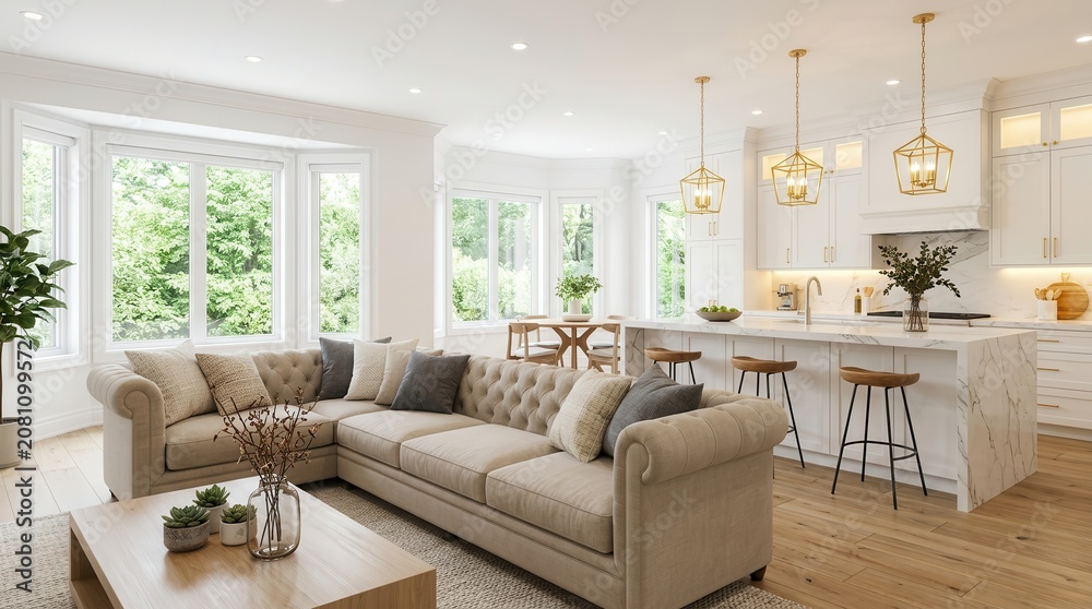 Fototapeta premium Modern living room and kitchen area with natural light and comfortable furniture