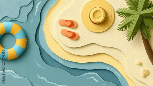 Sunny beach, top view, shows a swim ring, sandals, and hat near a palm tree. Paper cut and craft style illustration.