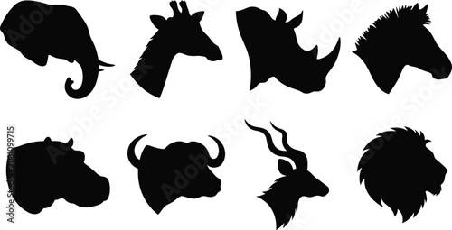 African Wildlife Animal Head Silhouette Set with Elephant Lion Rhino Giraffe and Buffalo