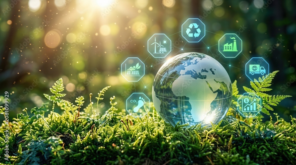 Naklejka premium Sustainable supply chain logistics with a glowing globe and ecology icons on green moss.