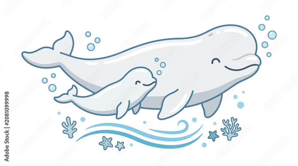 Fototapeta premium Adorable white beluga whale family swimming in deep blue ocean water, featuring a happy mother and her small calf gliding gracefully together in the Arctic sea habitat.