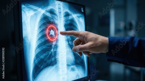 Doctor pointing at a lung nodule on a chest x-ray for cancer screening.