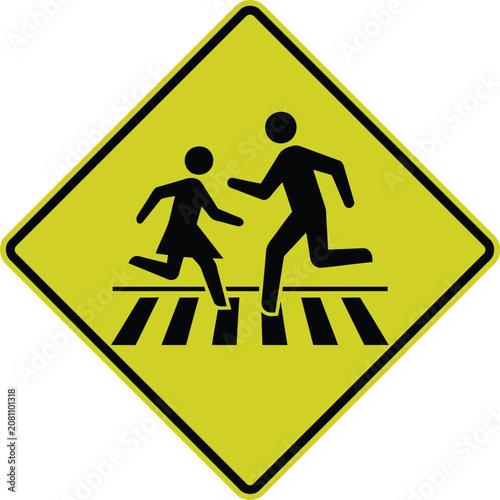 Yellow school crossing sign with children walking on a crosswalk icon