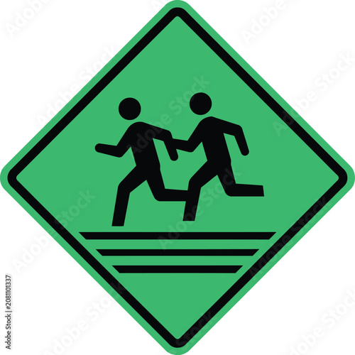 Green diamond road sign with black silhouette of two people running on a crosswalk