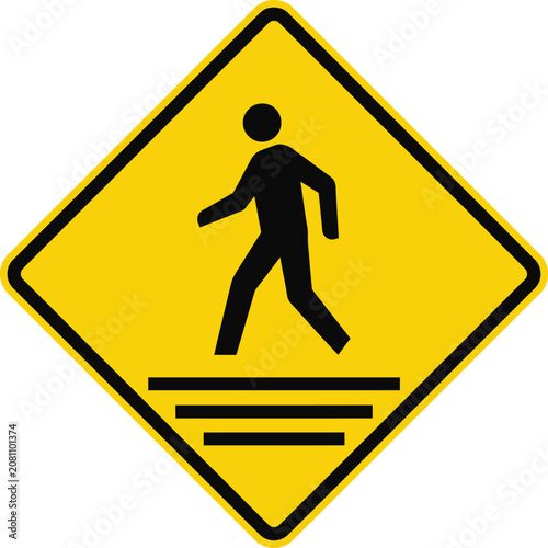 Yellow diamond pedestrian crossing traffic sign with walking person symbol