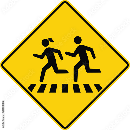 Yellow diamond school crossing sign with children running across a pedestrian crosswalk