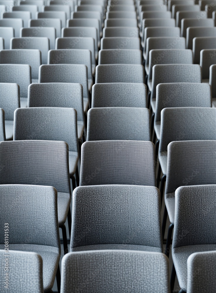 Obraz premium Rows of empty grey chairs in a conference hall or auditorium. Seats are arranged in orderly lines for an audience. Modern venue interior with many places for guests. Seats wait for people.