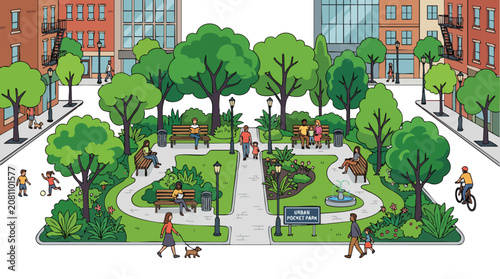 Urban Pocket Park Illustration with People Relaxing in City Garden