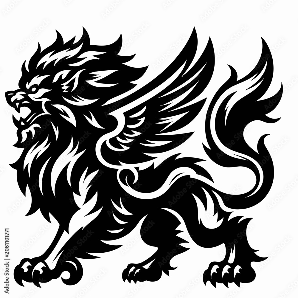 Fototapeta premium A stylized black and white illustration of a mythical winged lion with a fierce expression and flowing mane.