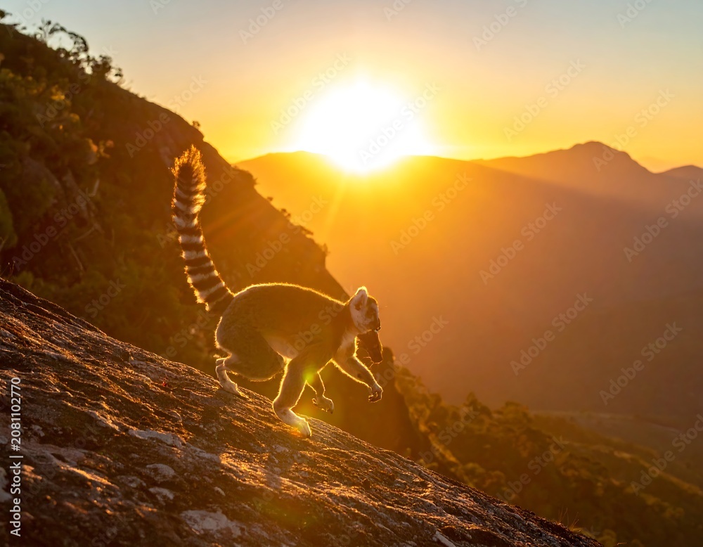 Fototapeta premium A lemur standing on a rocky slope at sunset