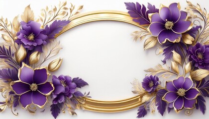 elegant floral frame with purple flowers and gold border on white background perfect for invitations cards or seasonal greetings