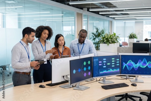 Diverse team of data analysts collaborating and discussing complex network graphs on multiple computer screens in a modern office