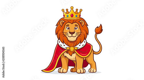 Fotografía Cartoon King Lion Wearing Crown and Royal Cape, Majestic Animal Illustration