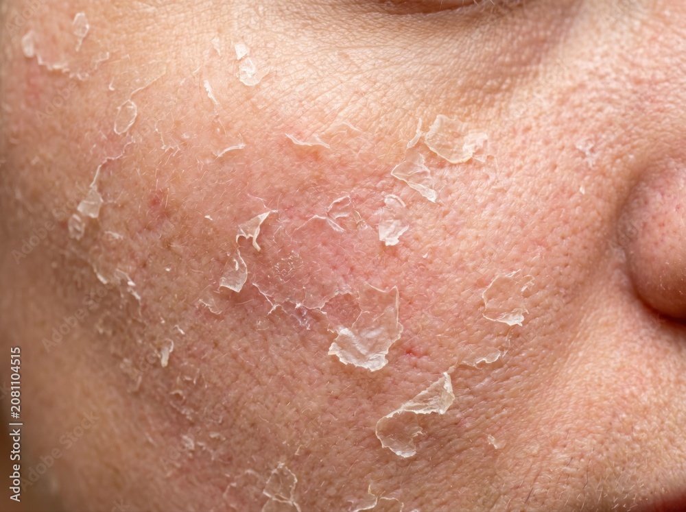 Fototapeta premium A close-up view showing dry, flaky, peeling skin on a person's cheek with visible skin texture.
