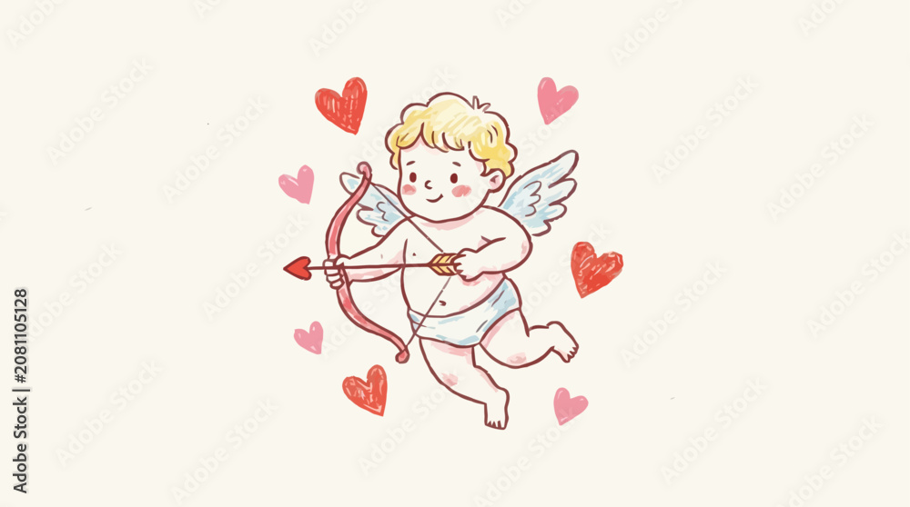 Obraz premium Adorable Hand Drawn Cupid Character with Wing Holding a Bow and Heart Arrow, Cute Love Illustration for Valentine Celebration, Charming Little Angel Mascot, Romantic Graphic Design Element