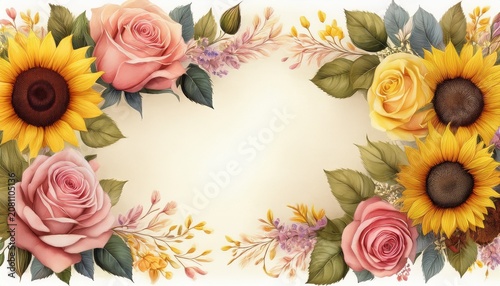 elegant floral border with a combination of delicate roses and vibrant sunflowers perfect for invitations or decorative cards