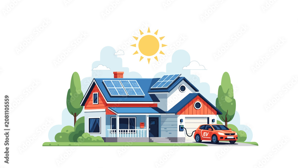 Naklejka premium Modern Sustainable Home with Solar Panels and Electric Vehicle Charging Flat Illustration