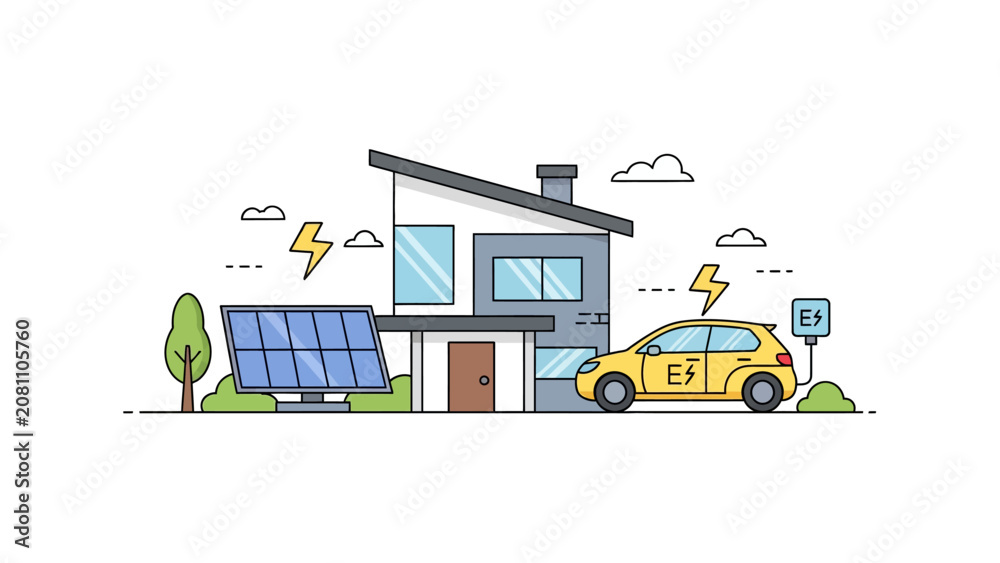 Naklejka premium Sustainable Modern House with Solar Panels and Electric Vehicle Illustration