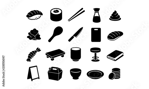 Fotografía Japanese sushi bar tools black silhouette icon set