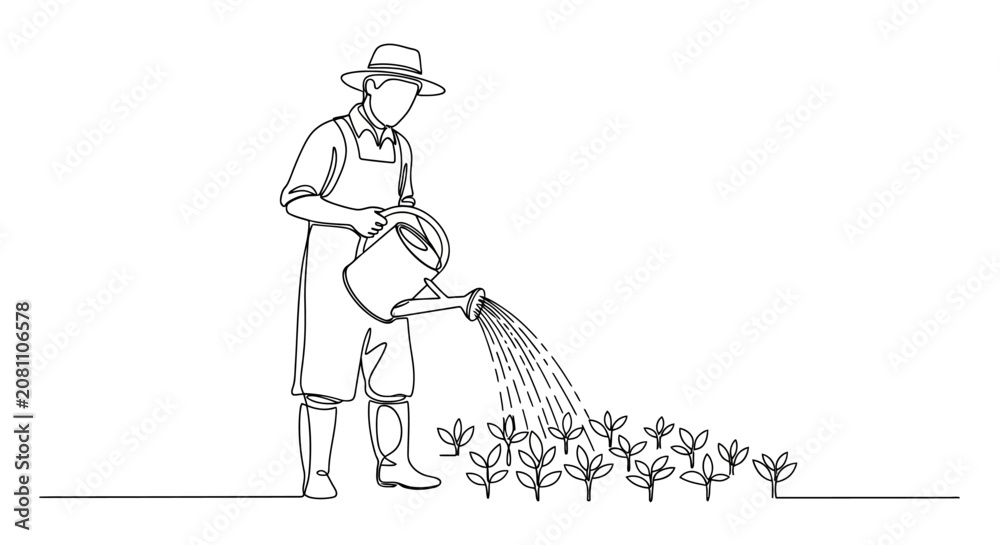Obraz premium Farmer Watering Seedlings Single Line Drawing