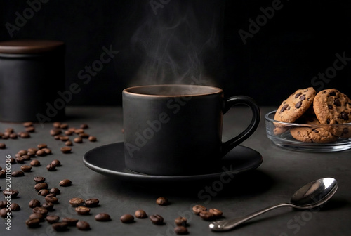 暗い背景に湯気が立つブラックコーヒーとクッキー、コーヒー豆