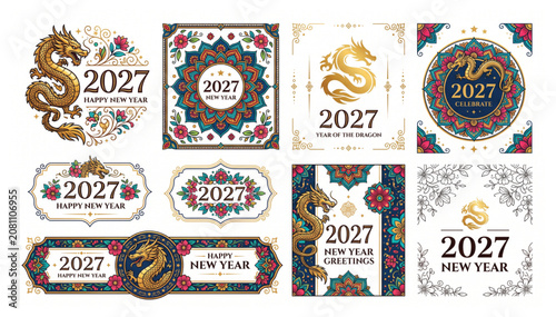 2027 chinese new year golden dragon badge and decorative frame collection with celebration illustration greeting traditional ornament decoration mythology prosperity oriental template