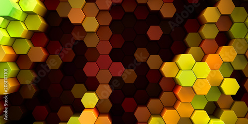 3d rendered background of patterned hexagons in vivid saturated blue colors. Three dimensional hex shapes in geometrical patterns for vibrant colorful scientific or technical 3d backgrounds