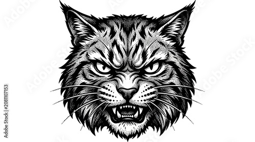 Canvas Print Fierce Bobcat Face Illustration, Wild Animal Portrait, Gritty Black and White Ar