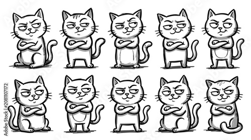 Принти на полотні Grumpy Cat Collection: Funny Cartoon Feline Expressions with Arms Crossed