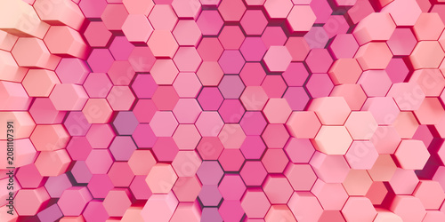 3d rendered background of patterned hexagons in light pink pastels. Collage of three dimensional hex shapes in geometrical connected patterns for soft colorful 3d backgrounds.