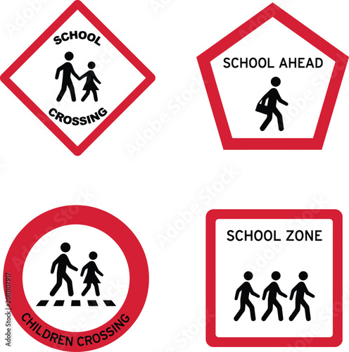 Set of school zone and pedestrian crossing road signs with icons on white background