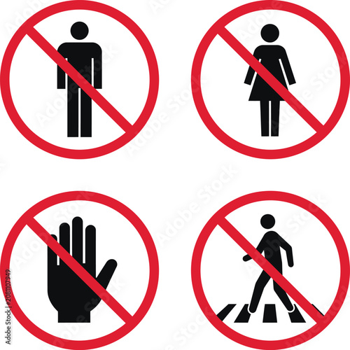 Set of four circular red prohibition signs with black human and hand warning symbols
