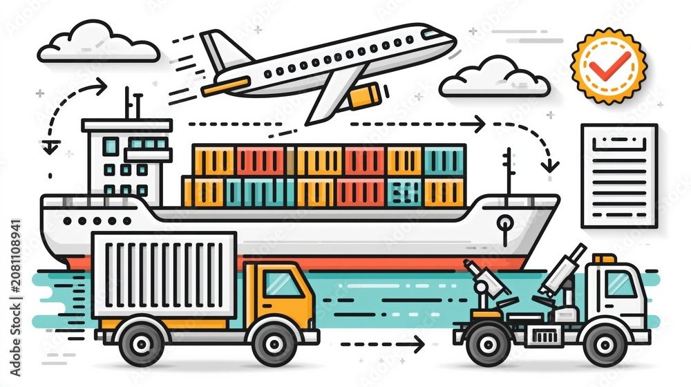 Fototapeta premium Global Logistics and Supply Chain Management Illustration with Ship, Airplane, Truck, and Crane