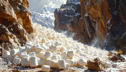 Marshmallow avalanche in a rocky snowy mountain landscape
