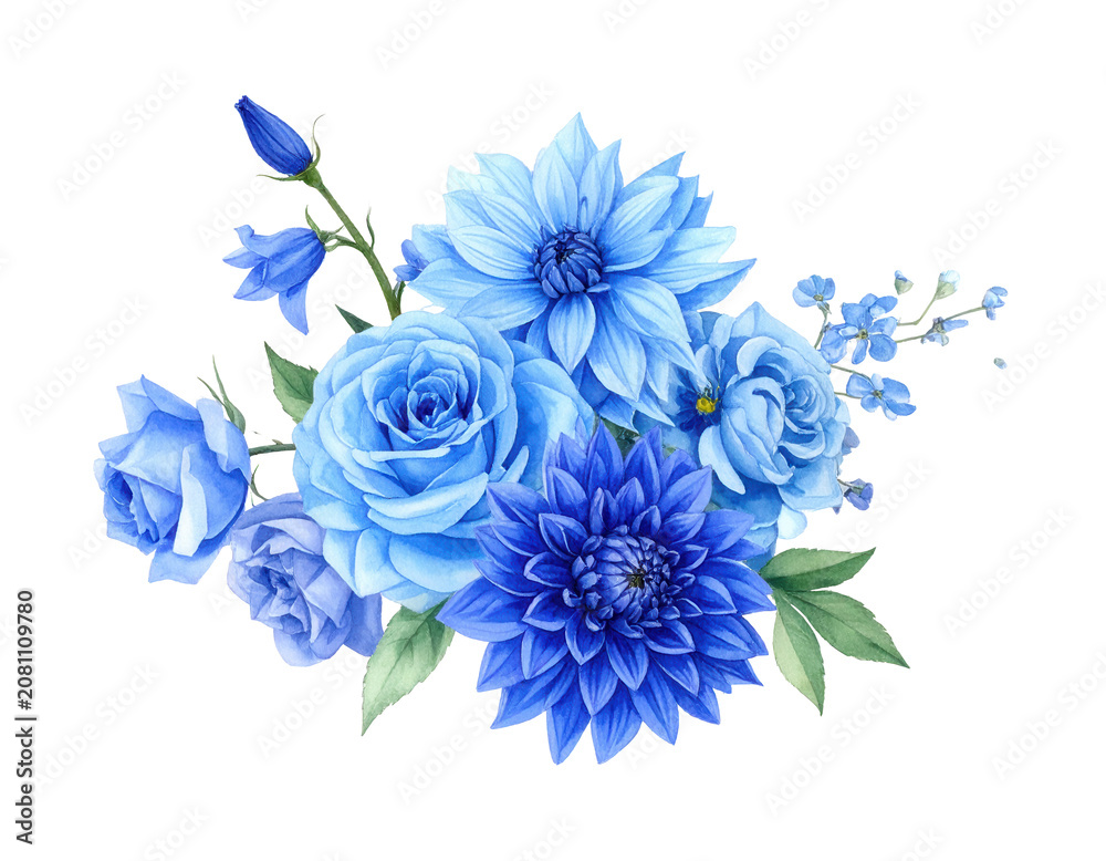 Obraz premium Illustration Bouquet of blue flowers, watercolor blue floral, rose, peony, dahlia, Is