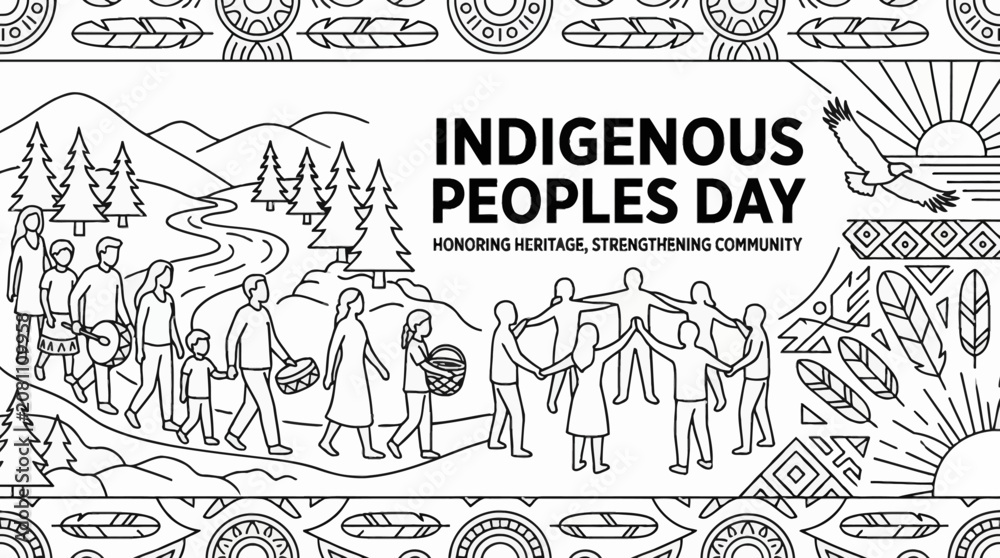 Obraz premium Indigenous Peoples Day illustration featuring community and heritage symbols.