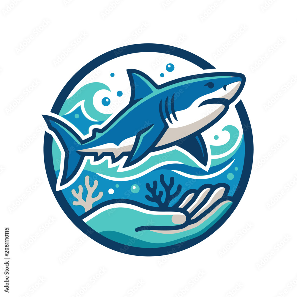 Naklejka premium Shark in circular waves over a human hand.