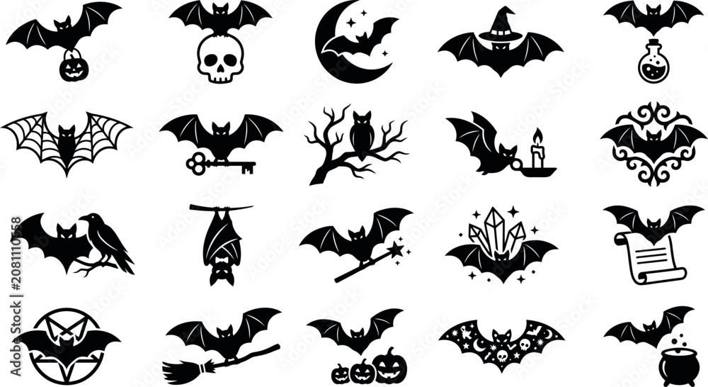 Fototapeta premium Halloween bat icons collection flying and perched in spooky black silhouette set 