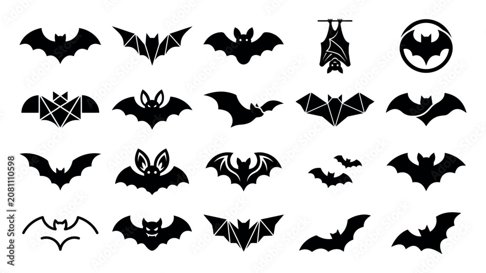 Fototapeta premium Collection of Black Silhouette Bats Flying on White Background for Halloween Décor 