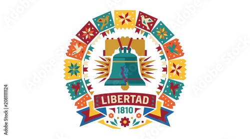 Mexican Independence Day Emblem with Liberty Bell and Papel Picado