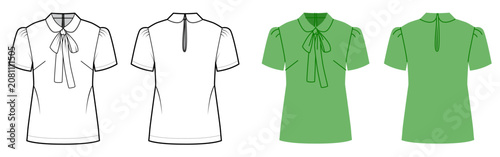 Short sleeve blouse with bow tie neckline, fitted silhouette and clean shaping lines. Technical fashion illustration in black white color, front back views, modern apparel CAD template. Vector
