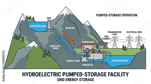 Hydroelectric Pumped-Storage Facility Grid Energy Storage Diagram
