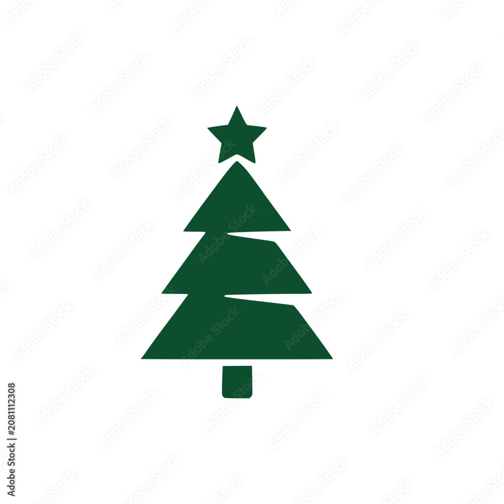 Obraz premium Modern stylized Christmas pine tree silhouette featuring sharp slanted diagonal cut layered branches and a festive star dark green solid vector graphic icon