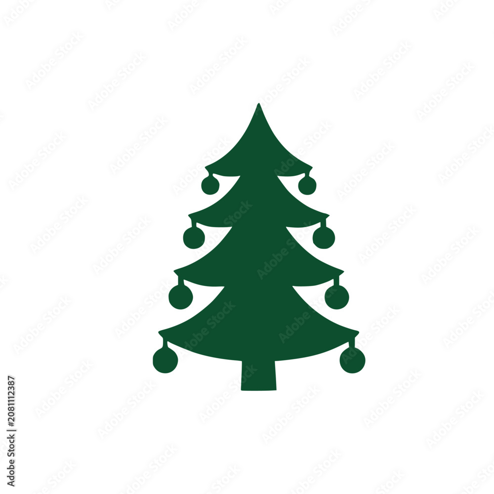 Obraz premium Modern stylized Christmas pine tree featuring layered branches with diagonal slanted edges and a top star dark green solid silhouette vector graphic icon