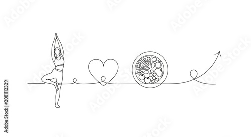 Healthy Lifestyle: Yoga, Heart, Balanced Diet, and Growth Arrow