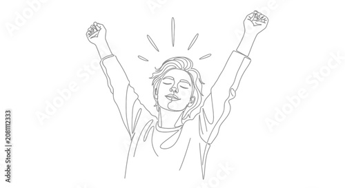 Joyful person celebrating success with raised arms, simple line art drawing